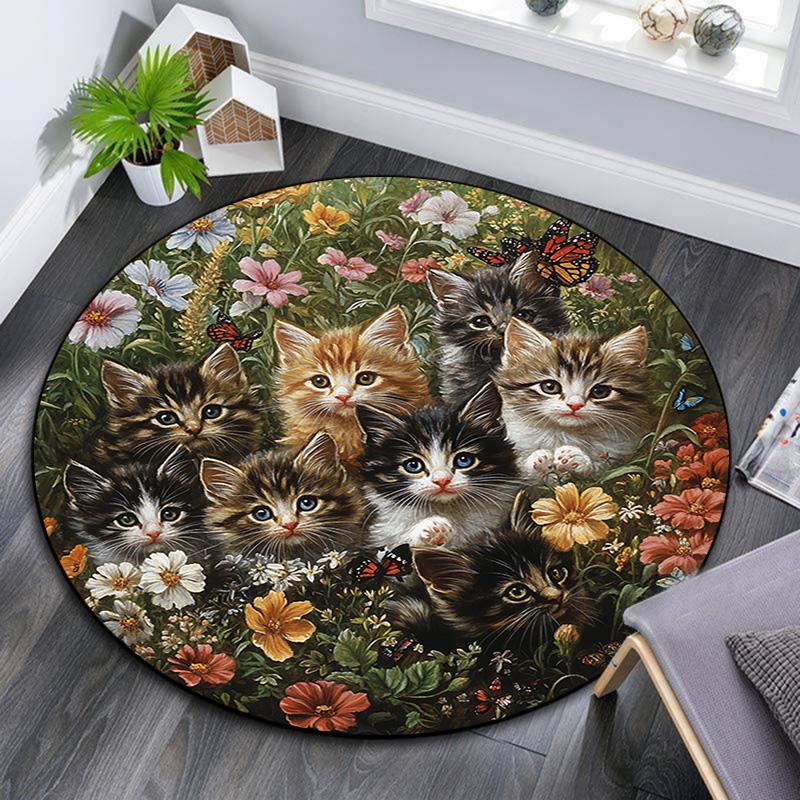 Kittens in Flowers Round Area Rug,Carpet Rug for Living Room Bedroom Sofa Playroom Decor,Non-slip Floor Mat