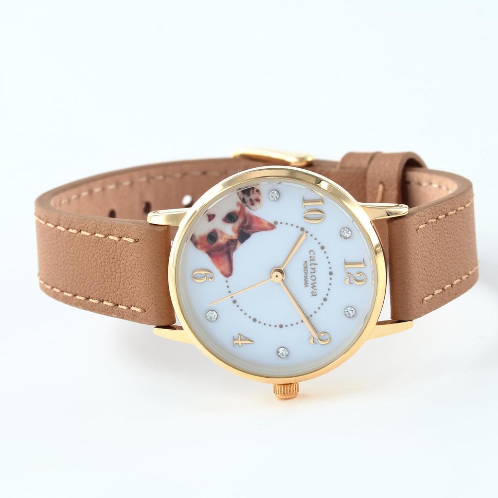 Calico Cat Beckoning Cat Genuine Leather Wristwatch, Beige