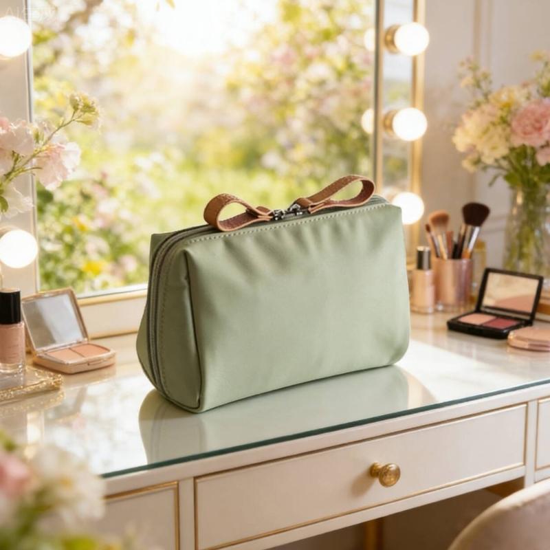 Travel Makeup Bag Smooth Nylon Cosmetic Case with Top Opening for Bathroom Counter Storage and Daily Personal Care Use