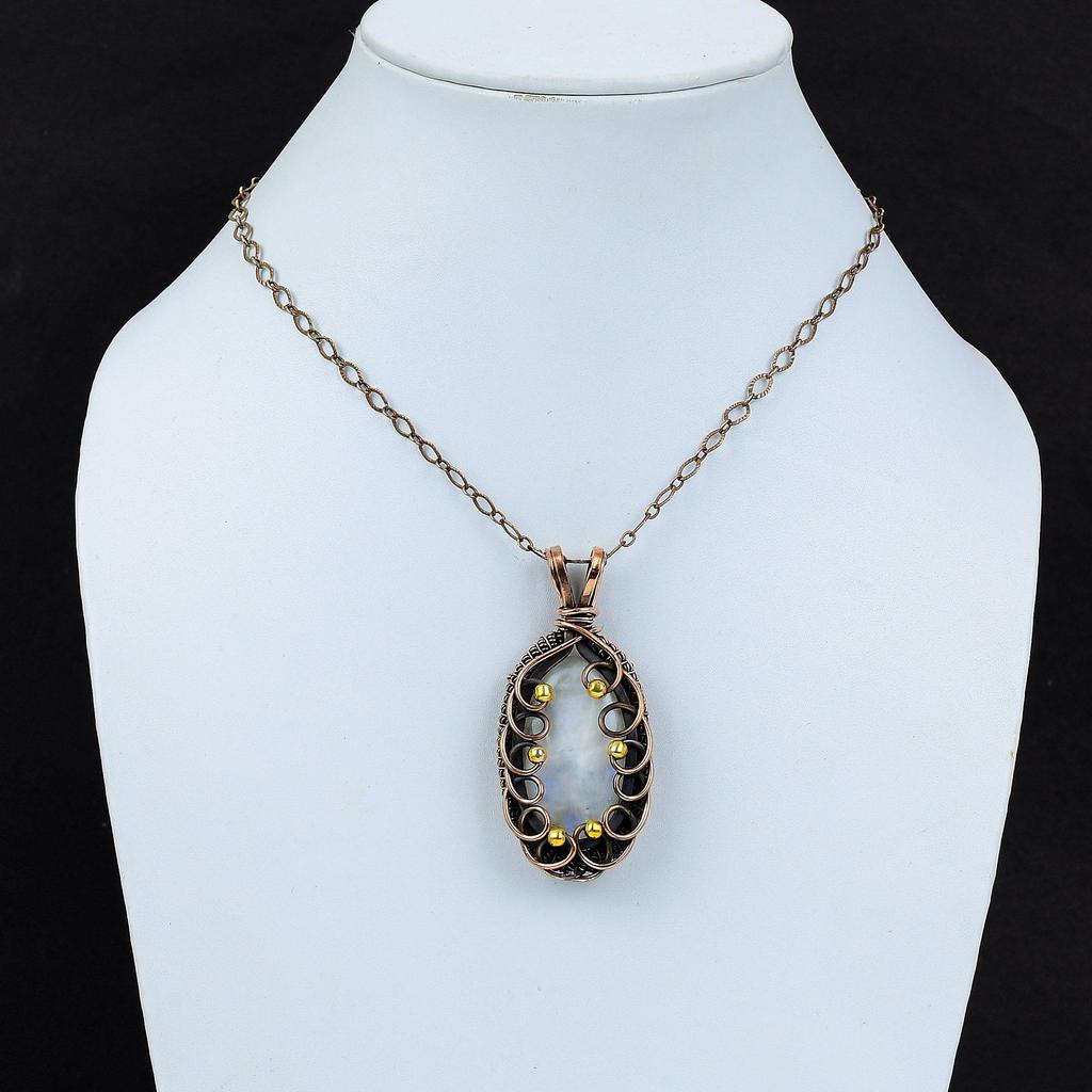Rainbow Moonstone Gemstone Pure Copper Wire Wrapped Handmade Jewelry Pendant