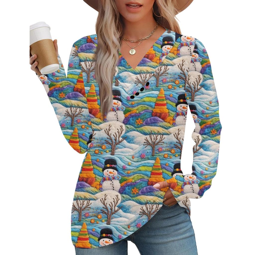 Women's Fashion Casual V-neck Pleated Christmas Long Sleeve Top