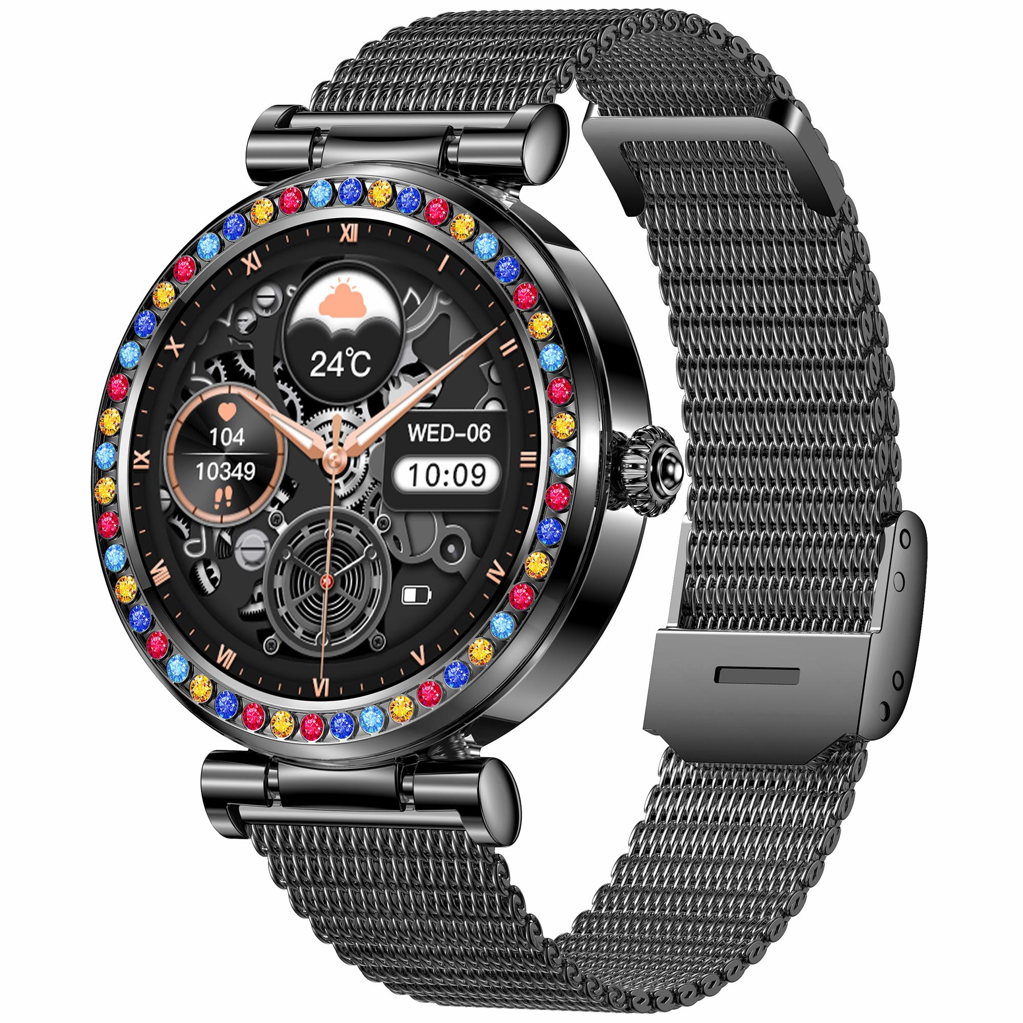 

CF30 1,27-дюймовий сталевий ремінець Жіночий водонепроникний смарт-годинник з діамантовим декором Моніторинг здоров я Фітнес-трекер Смарт-браслет Black