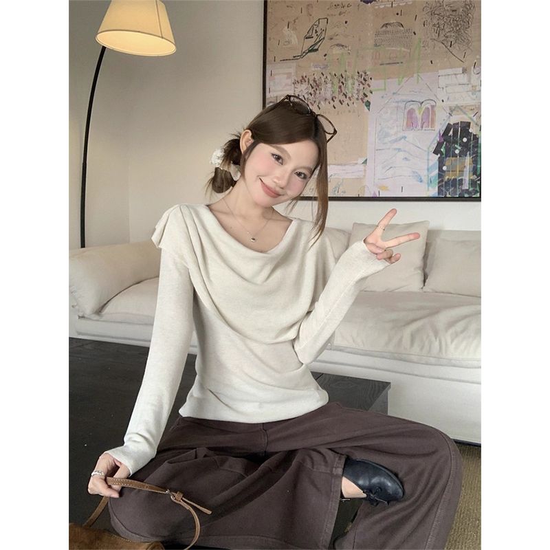 Kumikumi New Arrival Chic Swing Collar Oatmeal Color Long Sleeves Knitwear Women's Clothing Fall Easiest for Match Figure Flattering Graceful Tops