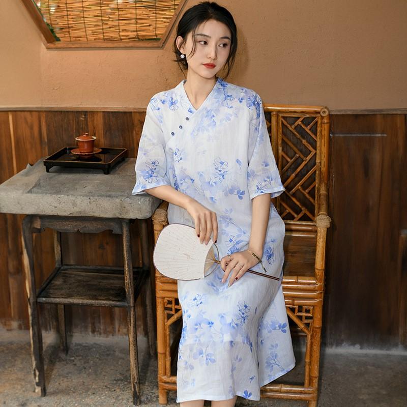 Johnature Women Vintage Print Floral Dress V-Neck Half Sleeve Button Summer Chinese Style A-Line Women Dresses
