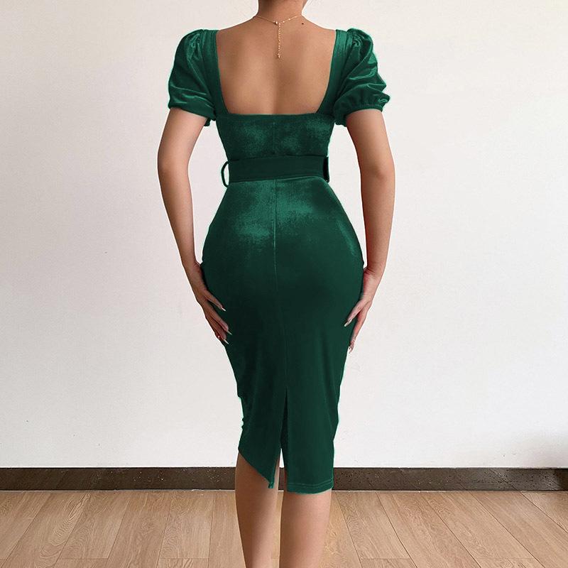 Women's Fashion Summer Spring Solid Color Print Short Sleeve V-Neck High Waist Casual Dresses