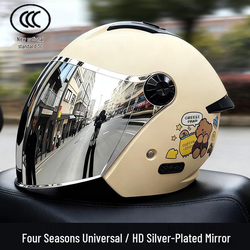 3C Class A Electric Motorcycle Helmet with Silver Lens, All-Season Safety for Men & Women, Ideal for Food Delivery.