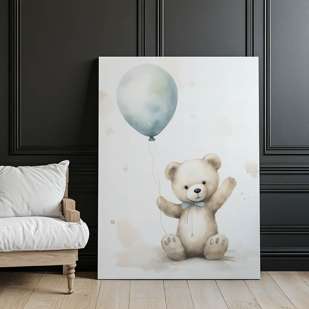 Misiek Z Niebieskim Balonem Misiek Z Niebieskim Balonem, 70X100 Cm, Rama Aluminiowa Złota, Papier Matowy 230 Gsm