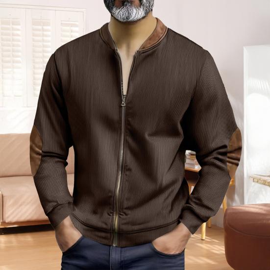 Men Casual Coat Stand Collar Long Sleeve Zipper Closure Plaid Elbow Patch Baseball Jacket Outdoor Street Wear