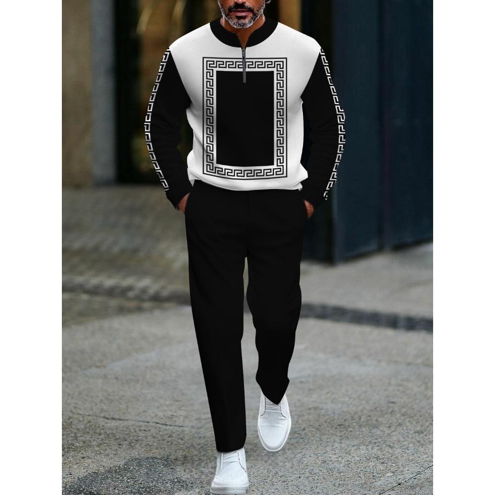 Spring Autumn 3D Printed Fashion Streetwear Men's Long-Sleeved Sets Half-Zipper Stand-Up Collar Men's Casual Sportswear Two-Piece set