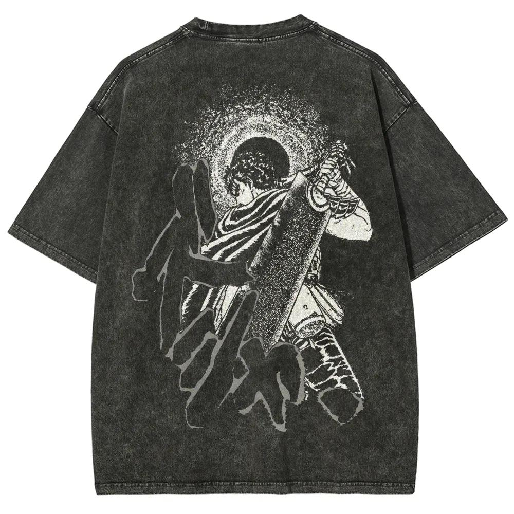 

Hot Anime Berserk Guts Print T-shirt Men Women Tshirts Short Sleeve Cotton Clothing Retro Washed T Shirt Harajuku Oversized Tops S чёрный
