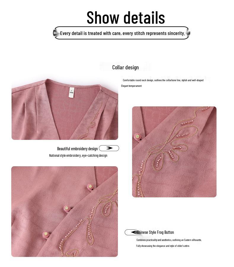 Stylish Embroidered Summer Top for Middle-Aged and Elderly Women - Seven-Sleeve Design (HGC88515)