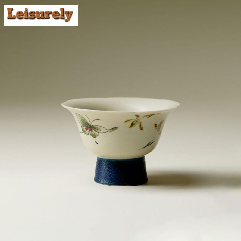 2pc/lot Butterfly Orchid High Foot Teacup Ancient Tea Bowl Jug Tea-tasting Personal Cup Jianzhan Master Cups Tea Ceremony 30ml