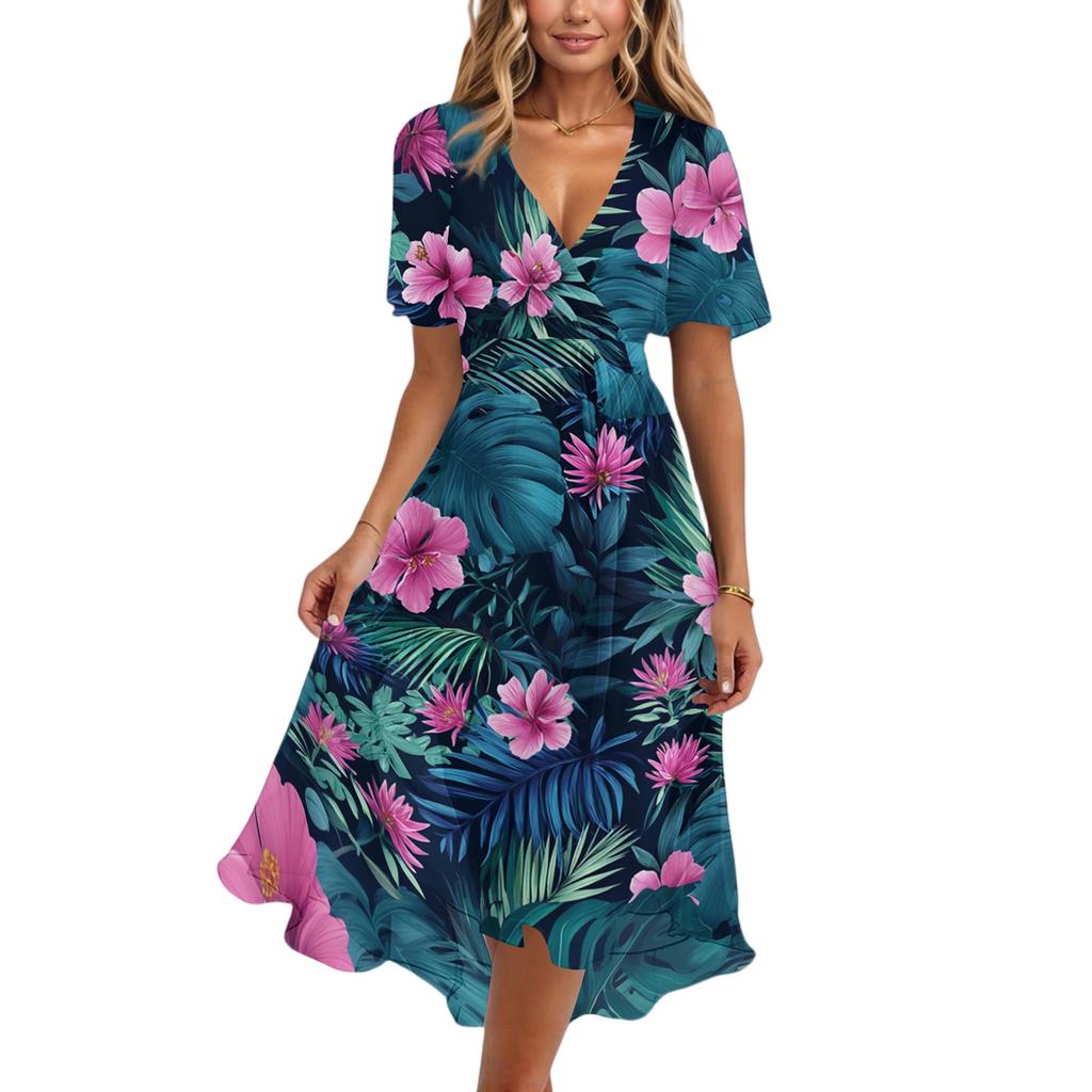 Women's Fashion Casual V Neck Short Sleeve Ruffled Vintage Printed Dresses