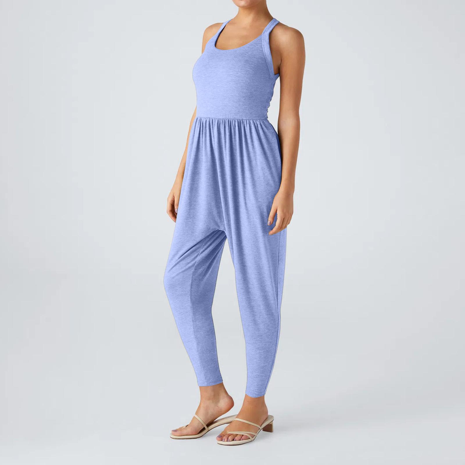 

Women’s Sleeveless Drawstring Waist Jogger Jumpsuit with Tapered Legs and Scoop Neck for Casual and Lounge Wear XL синий
