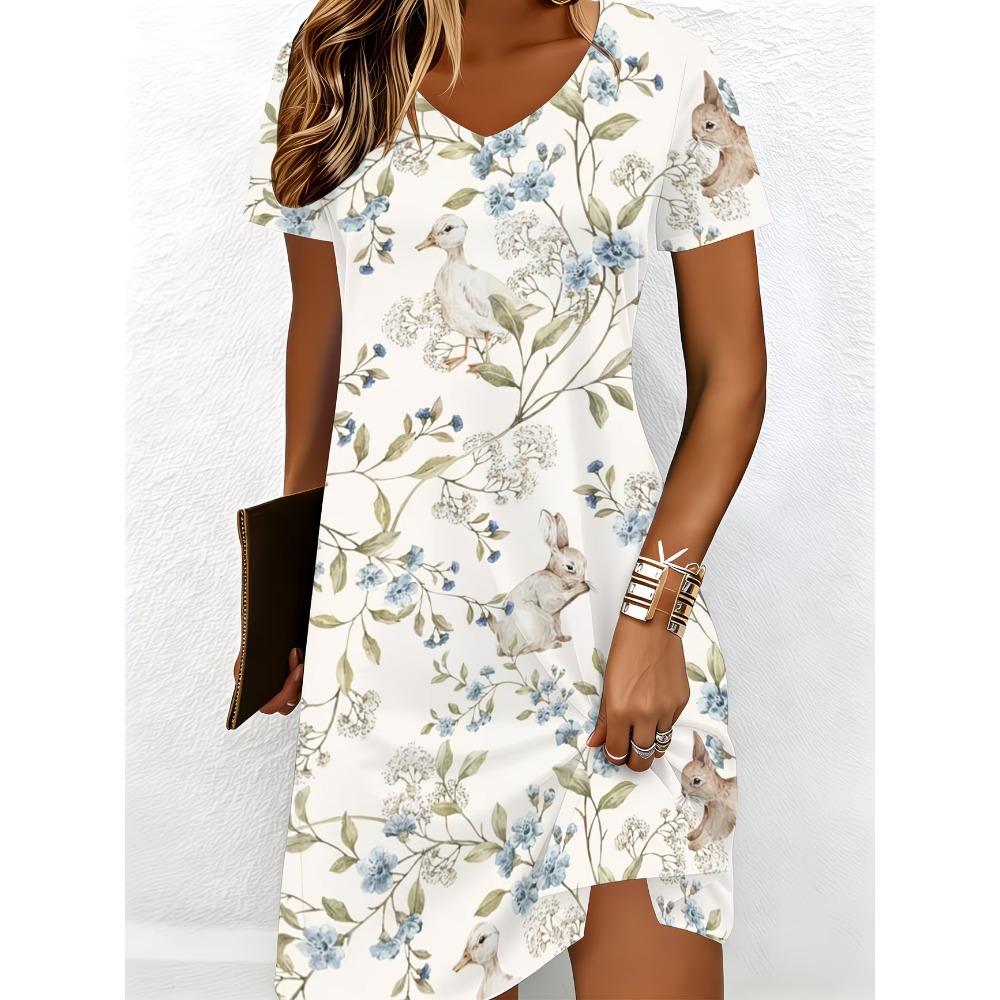 Summer Women's V-neck Short-sleeve Casual Floral Print Dress