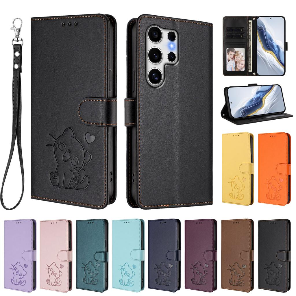 Für Samsung Galaxy S25 Ultra Brieftasche Hülle mit Handschlaufe Love Cat Muster Prägung Leder Handyhülle