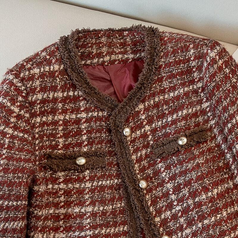 Women's Elegant Round Neck Long Sleeve Tweed Plaid Jacket