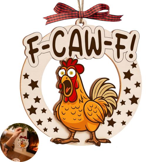 Yousheng Funny F-Caw-F Chicken Christmas Ornament Wooden Rooster Christma Tree Decoration White Elephant Gag Gifts for Chickens Lovers Adults Women