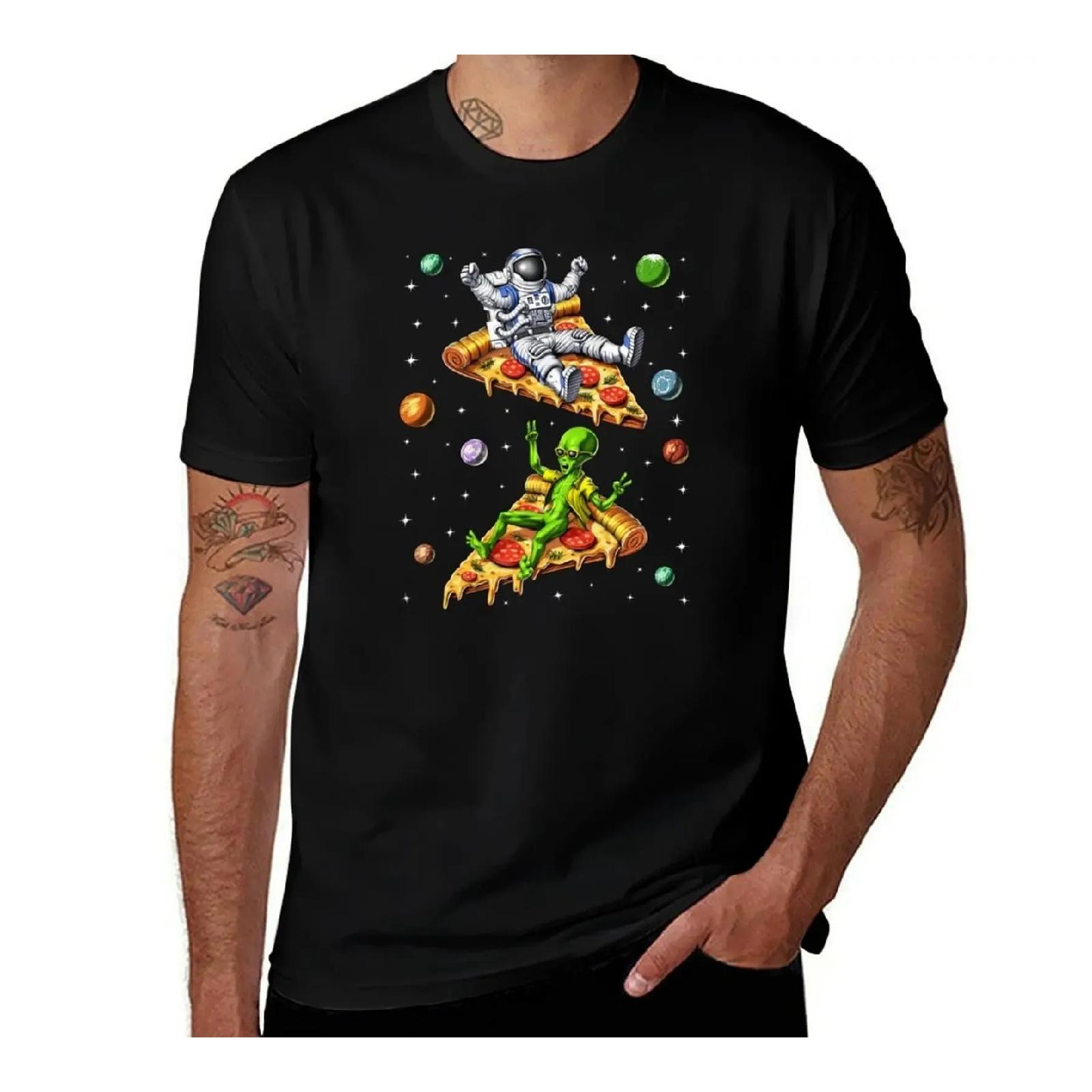 Astronaut And Alien Riding Pizza Graphic Tee Funny Space Trip Short Sleeve T-Shirt S чёрный