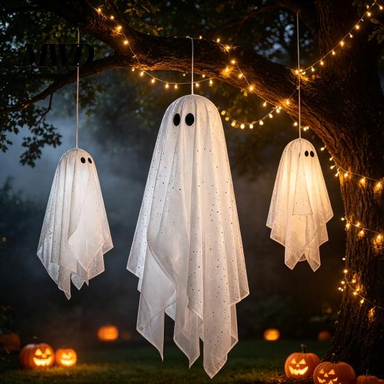 Glowing Halloween Scene Accessories 3Pcs Lighted Hanging Ghost Decorations,Glowing Warm LED Floating Ghosts, Swinging Creepy Yard Decorations