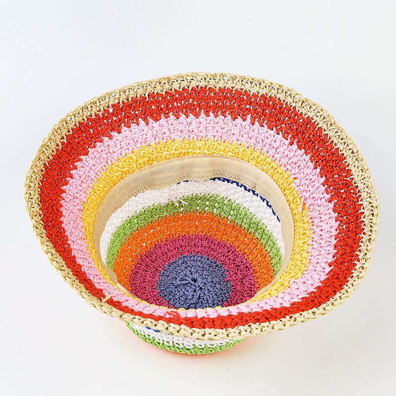 Rainbow Striped Crochet  Bucket Hat  Breathable Straw Beach Hat Handmade  Sun Hat   Women