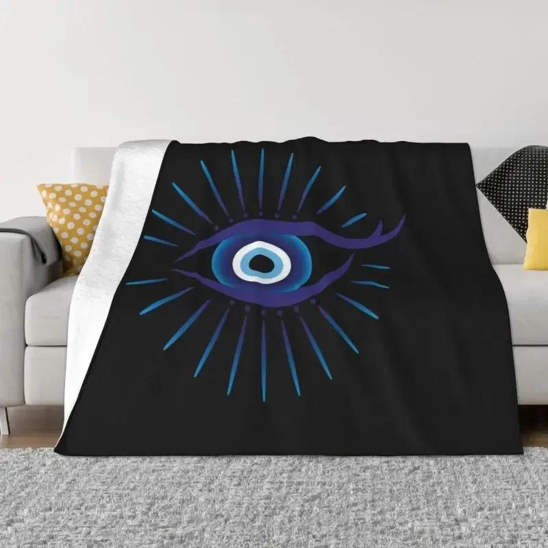 Mediterranean Blue And Gold Evil Eye Blanket Flannel Fleece Warm Hamsa Nazar Amulet Boho Throw Blankets for Home Bed Couch Quilt
