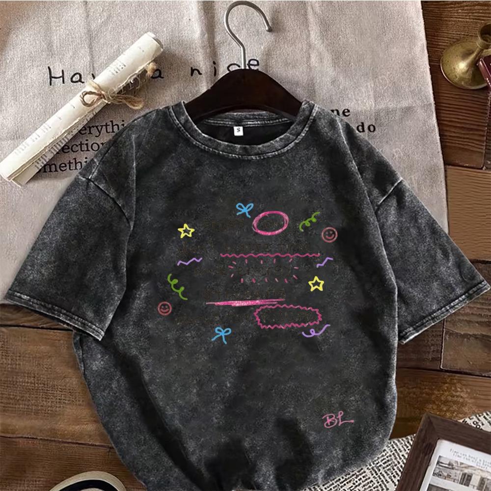Bunter Inspirierender Zitatdruck Vintage Gewaschenes Schwarz Übergroßes T-Shirt Lässiges Rundhals Kurzarm Tee