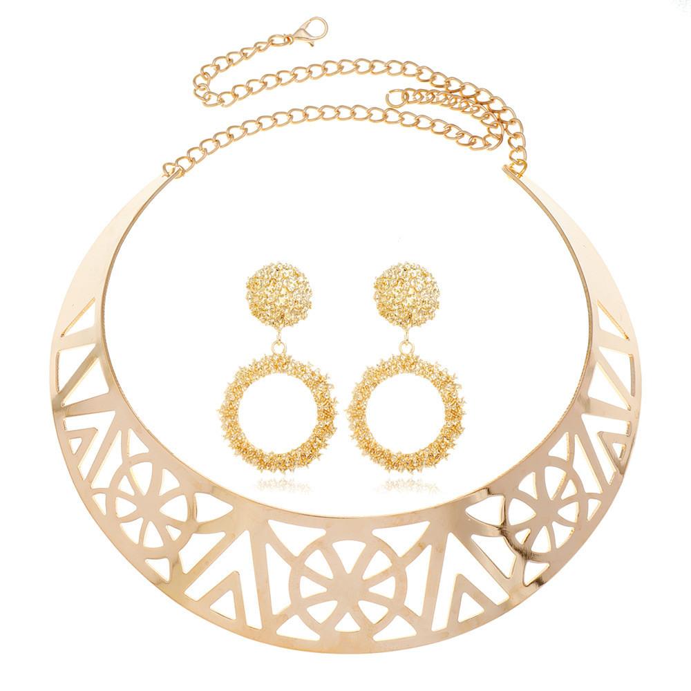 Solid Fashion Color Hollow Design Women Metal Necklace Collar Round Earring Set