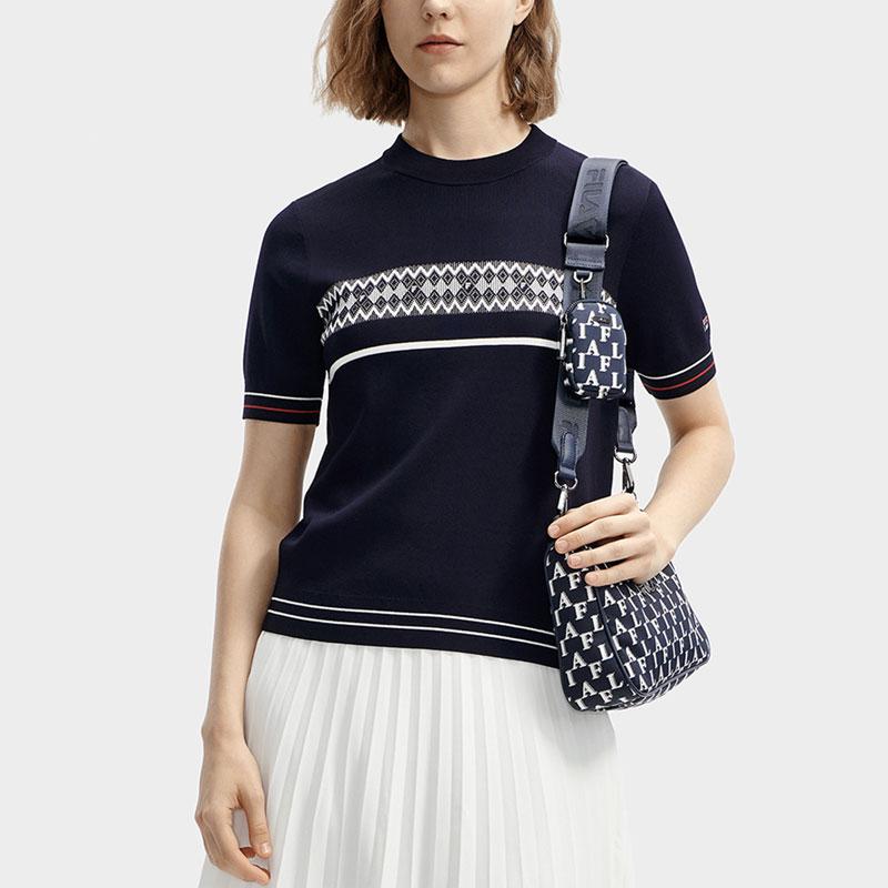 Fila Diamond Casual Round Neck Short Sleeve Knit Top Women Tops Legendary-Blue F11W411404F-NV