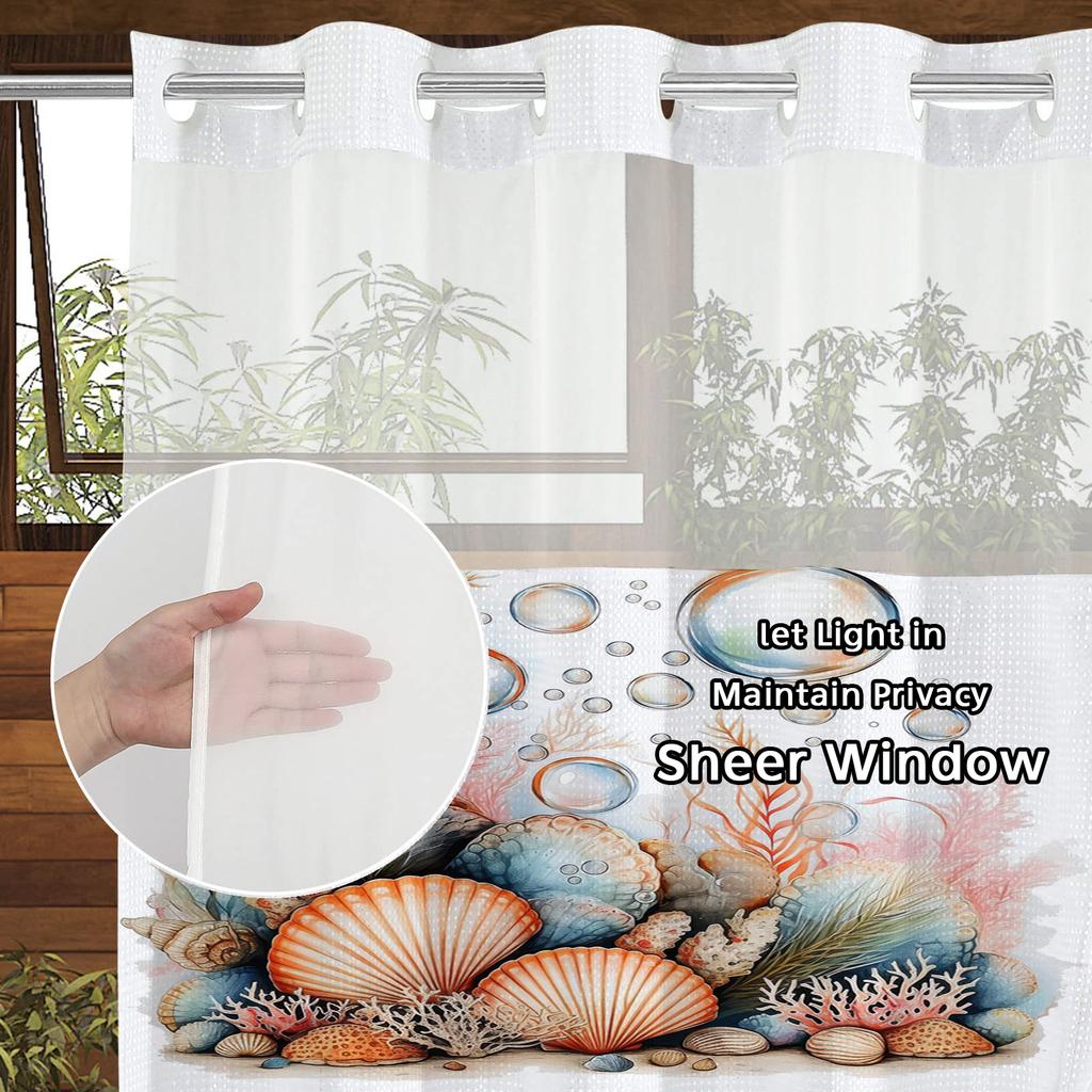 No Hook shells pattern Shower Curtain With Snap-in Fabric Liner, Sheer Top Window, Waterproof Double Layer Bathtub curtain