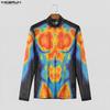 INCERUN Men Long Sleeve Mesh Sheer See Through Print Party Fitted T-shirts Tops