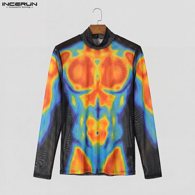 INCERUN Men Long Sleeve Mesh Sheer See Through Print Party Fitted T-shirts Tops
