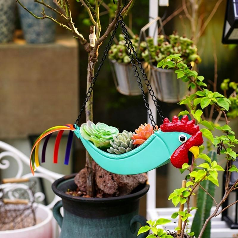 Iron Hanging Flower Pot Colorful Rooster Planter with Wide Planting Container and Chain System for Off-Floor Flower Displays on Patios and Porches