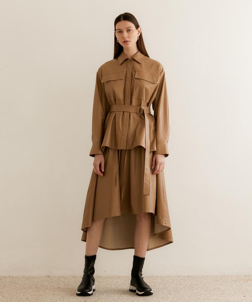 Modern Able Long Flare Artificial Leather Skirt - Beige