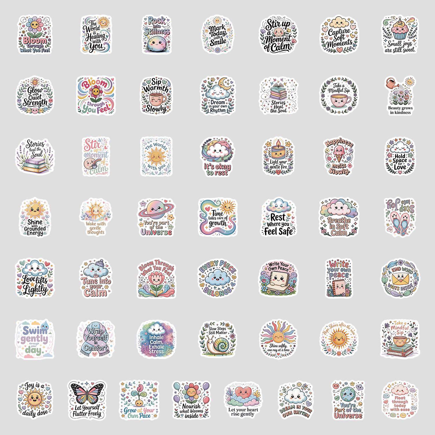 50 Adorable Waterproof English Phrase Stickers for Water Bottles & Phones