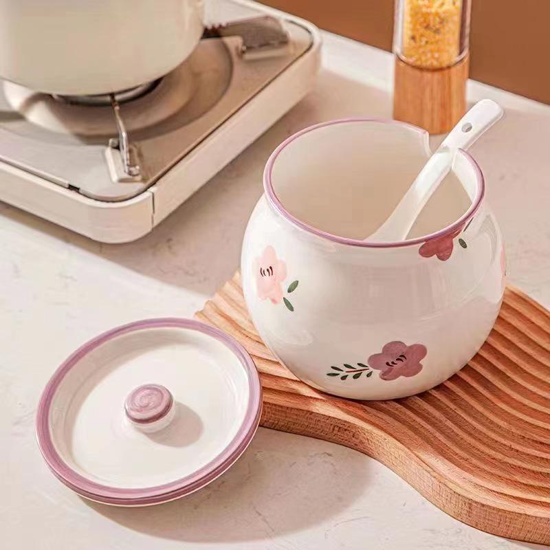High-Temperature Resistant Ceramic Lard Jar with Lid - Zixuan Flower Design, Large Capacity for Chili Oil & Seasoning