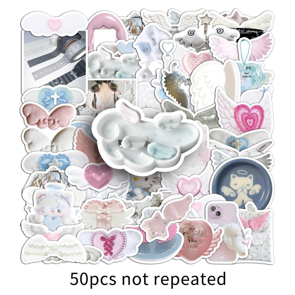 50 PCS Waterproof INS Style Girly Heart Wings Cartoon Stickers for DIY Notebook & Tea Cup Decoration