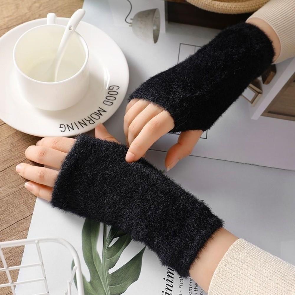 Thick Half Mittens Faux Fur Plush Gloves Protable Fingerless Gloves  for Women Girl