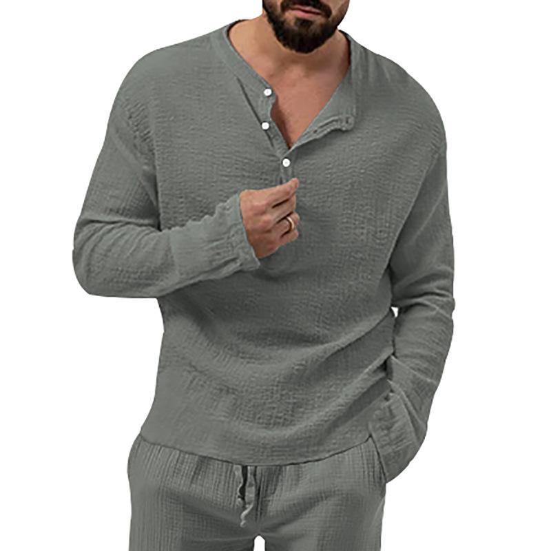 New Autumn Long Sleeve T-shirt Men's Loose Button V-neck Top