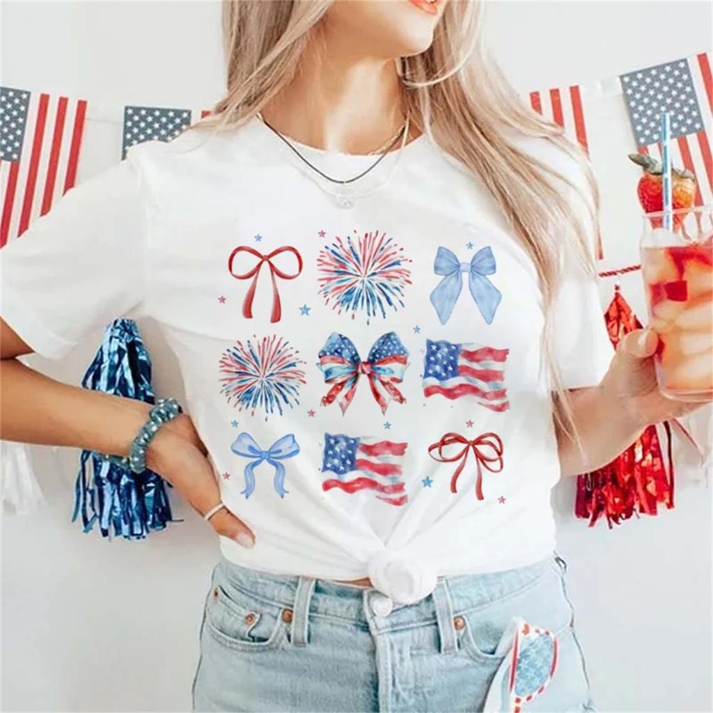 Fashionable Summer Pattern Bow Print T-Shirt Short Sleeved Clothes Kawaii Basic Casual Women's Printed Cute Style T-Shirt