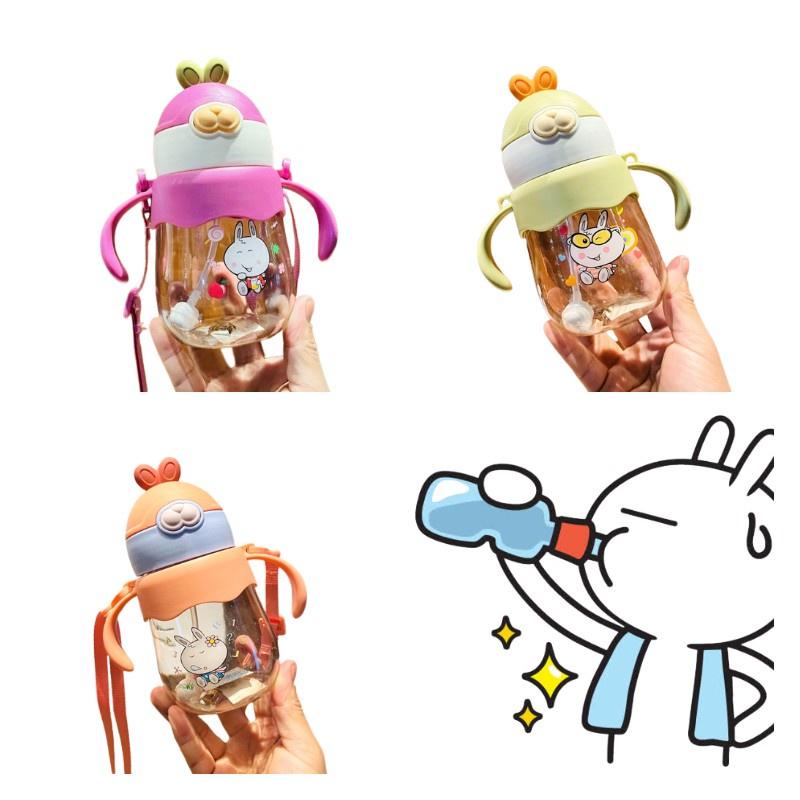 Neuer Kinder-Trinkbecher mit Strohhalm, Griff und Schultergurt, PC-Material, 450 ml, Lila/Rosa/Grün