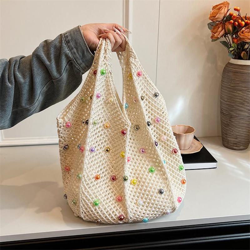 Summer Commuting Woven Bag for Women Single Armpit Bag, Fashion Large Capacity Tote Bag, Beach Pearl Hollow Handbag Shoulder Bag