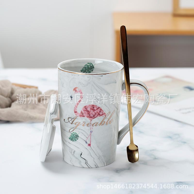 Flamingo With Lid Spoon Marble Pattern Ceramic Water Cup Couple High Value Creative Coffee Cup