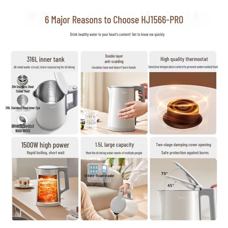 Midea 1.5L 316 Stainless Steel Double-Layer Electric Kettle CN plug (adapter included)