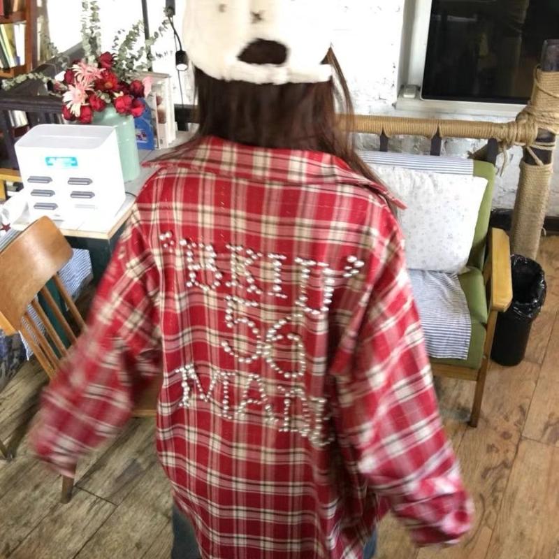 Women Letter Studded Checkered Shirts American Retro Long Sleeved Blouses Autumn Fashion Sun Protection Lady Cardigan