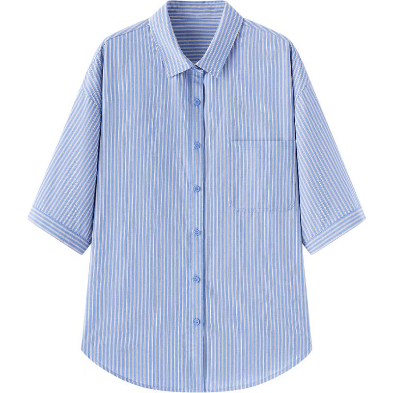EICHITOO Women s Light Blue Striped Mid-Sleeve Lapel Shirt S