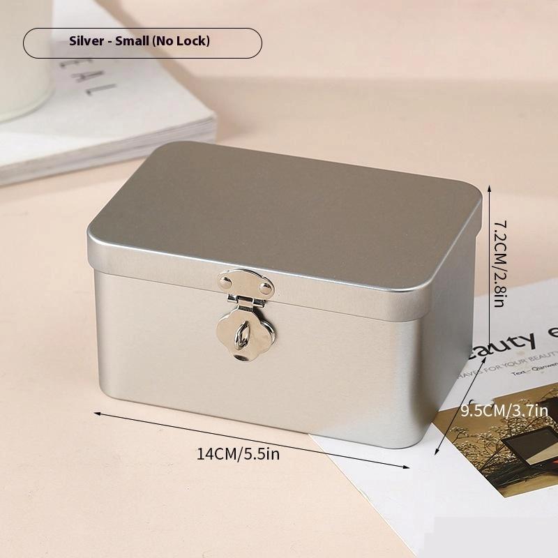 Silver Lockable Tin Storage Box Multifunctional Desktop Storage Box Metal Box Jewelry Storage Empty Box