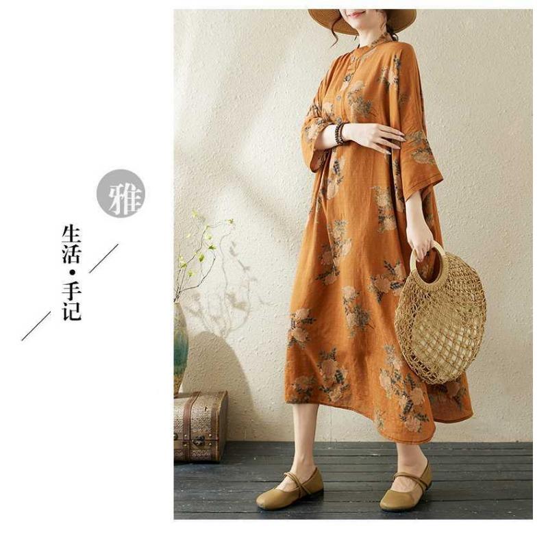 Printed Stand Neck Loose Oversized Vacation Dresses