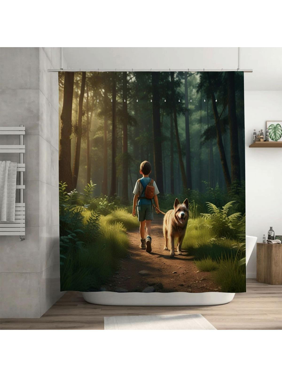 

Boy and Dog in Forest Shower Curtain | Nature-Themed Bathroom Decor 90X180cm