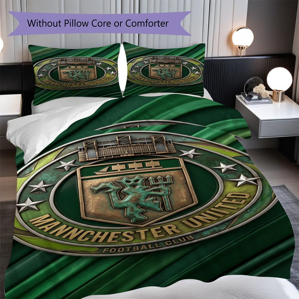 Manchester emblem purple background Bedding (1 * duvet cover + 2 * pillowcase, without core) 2D Flat Soft and comfortable Christmas birthday gift